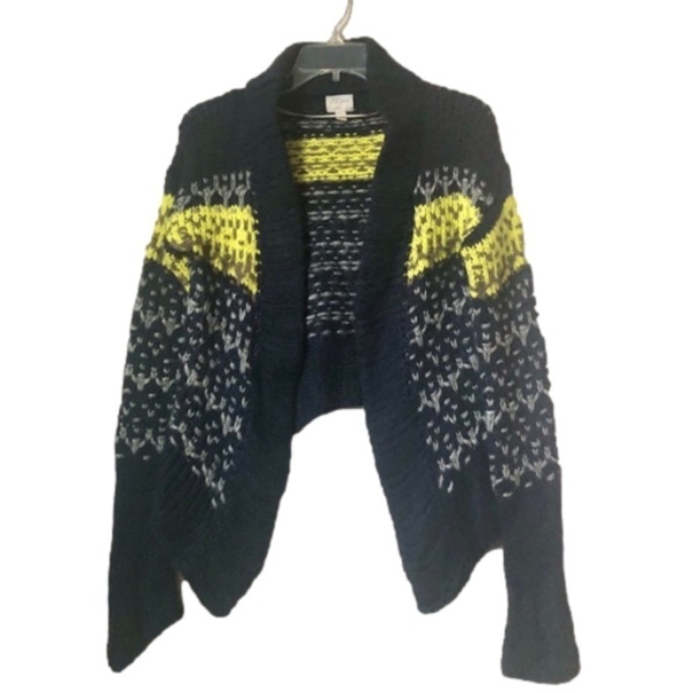 John + Jenn Anthropologie Boho Chunky Knit Cropped Cardigan XS Blue Grey Yellow